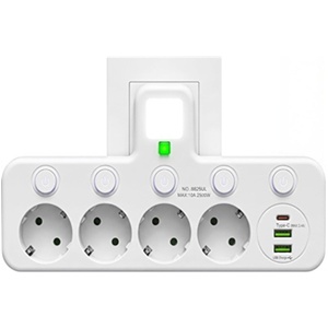 Ciabatta da parete con 4 prese europee con interruttori indipendenti, adattatore con USB-C e 2 USB-A,